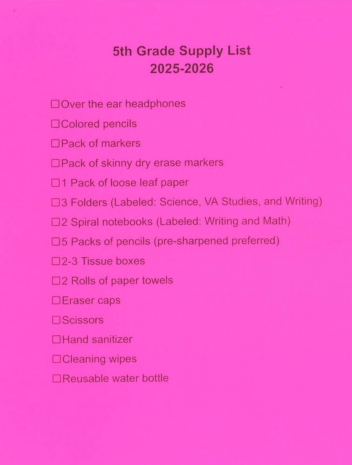 5th grade Supplies